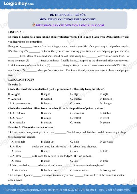 Đề thi học kì 1 Tiếng Anh 7 English Discovery - Đề số 6